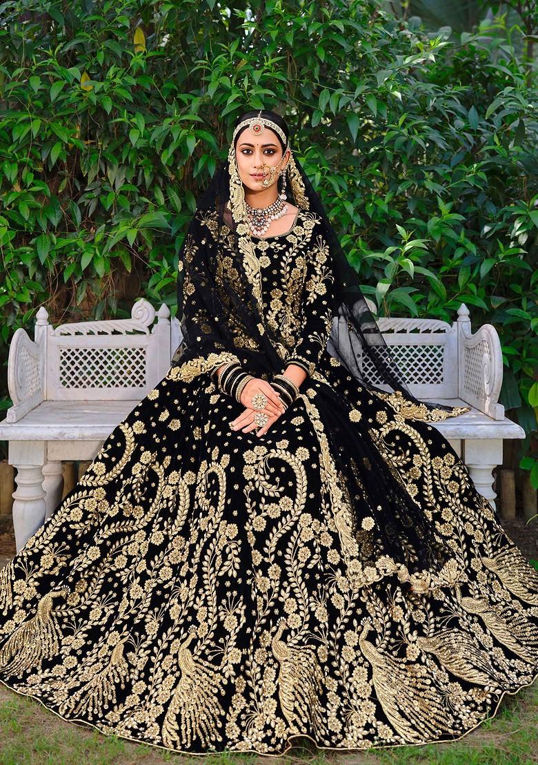 Black Zari Thread Embroidered Velvet Lehenga Set