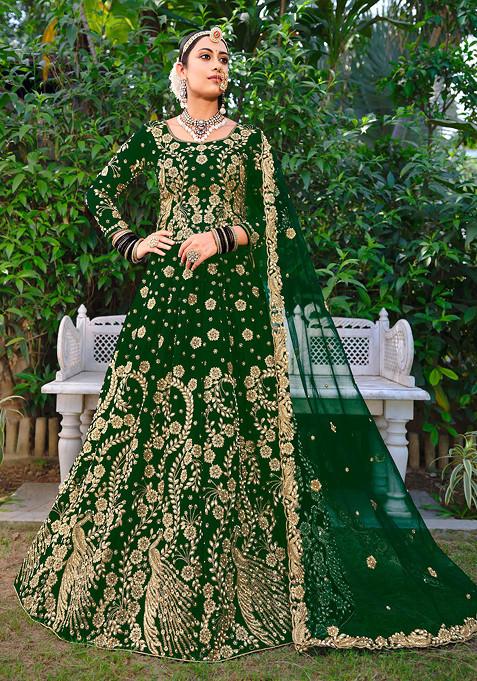 Green Zari Thread Embroidered Velvet Lehenga Set