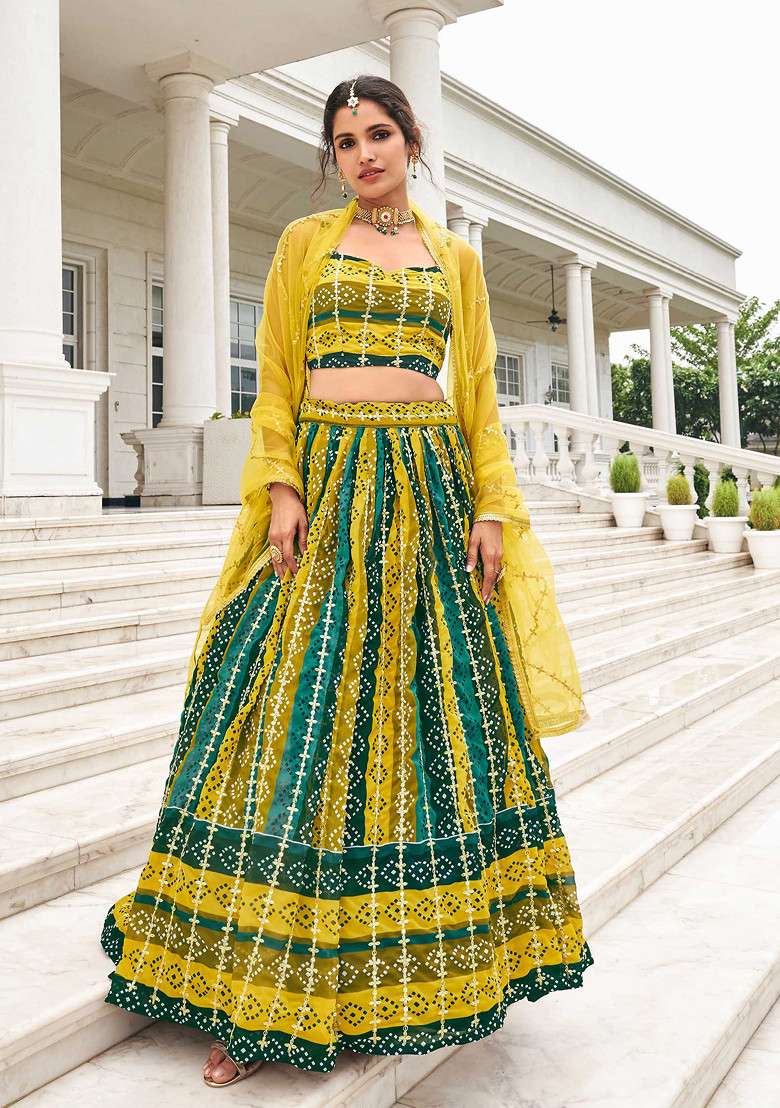 Multicolour Zari Embroidered Georgette Lehenga Set for Diwali and Festive Wear - Indya