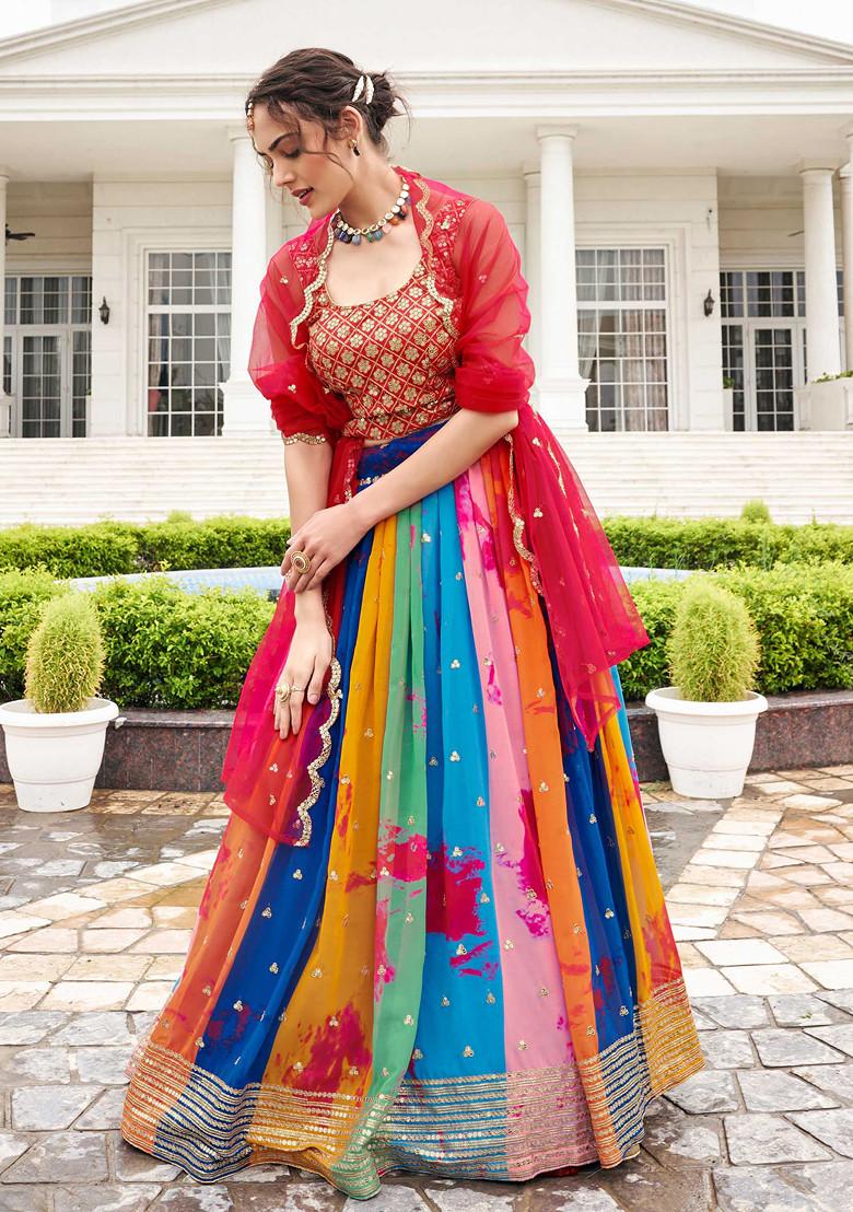 Multicolour Thread Embroidered Georgette Lehenga Set