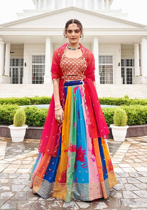 Multicolour Thread Embroidered Georgette Lehenga Set