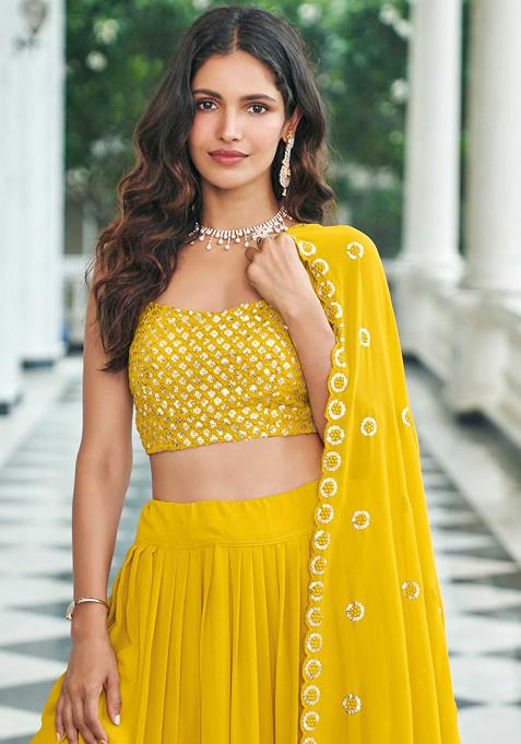 Yellow Thread Embroidered Georgette Lehenga Set