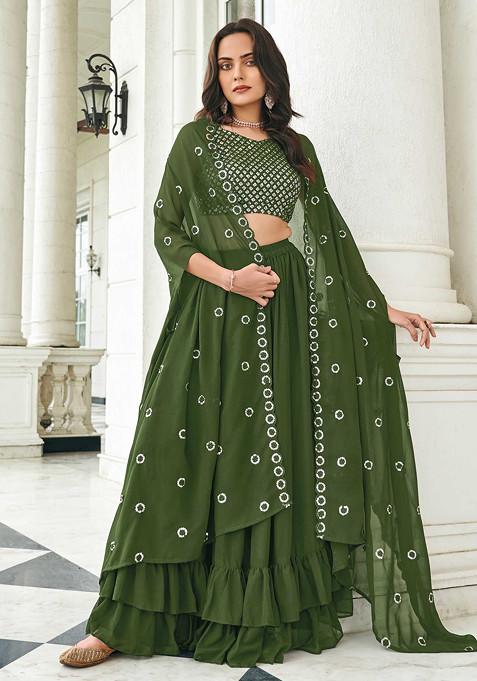 Mehendi Green Thread Embroidered Georgette Lehenga Set