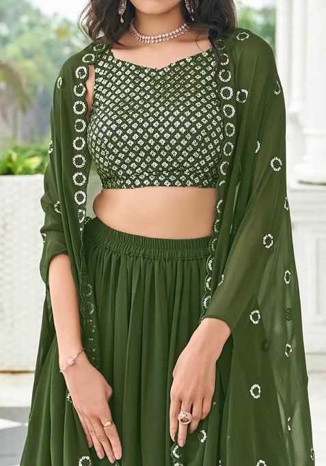 Mehendi Green Thread Embroidered Georgette Lehenga Set