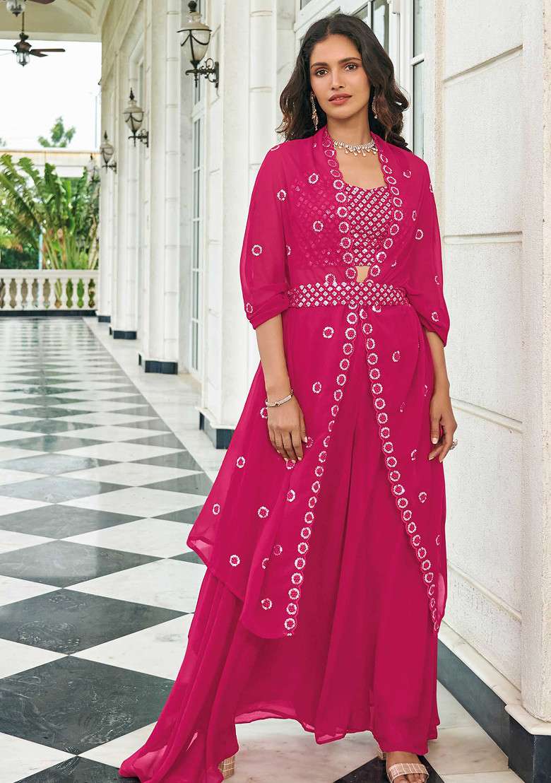 Rani Pink Thread Embroidered Georgette Lehenga Set for Diwali and Festive Wear - Indya