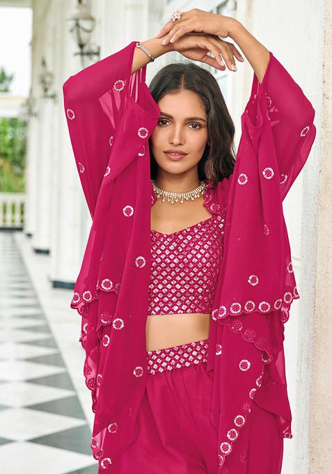 Rani Pink Thread Embroidered Georgette Lehenga Set