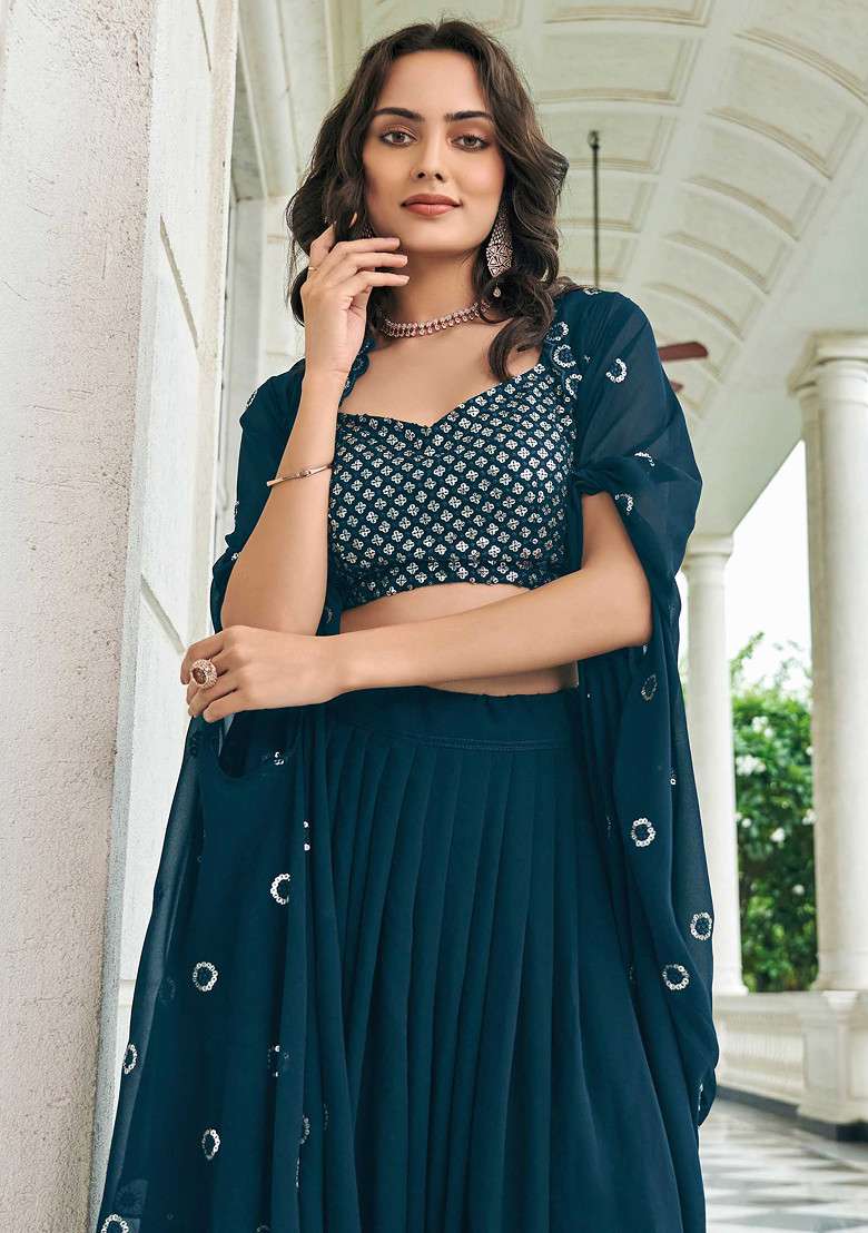 Rama Blue Zari Embroidered Georgette Lehenga Set for Diwali and Festive Wear - Indya
