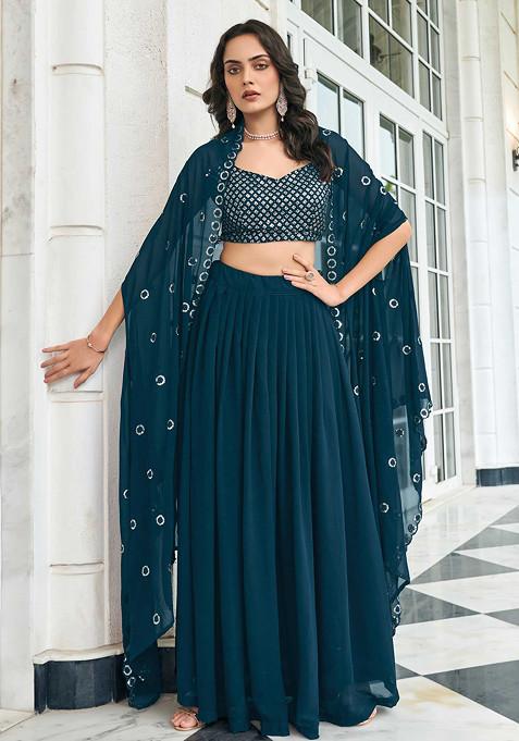 Rama Blue Zari Embroidered Georgette Lehenga Set