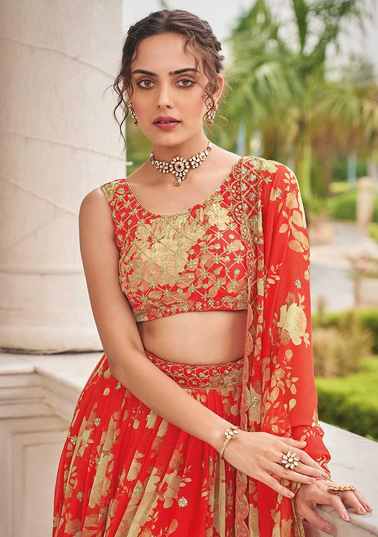 Red Zari Embroidered Georgette Lehenga Set