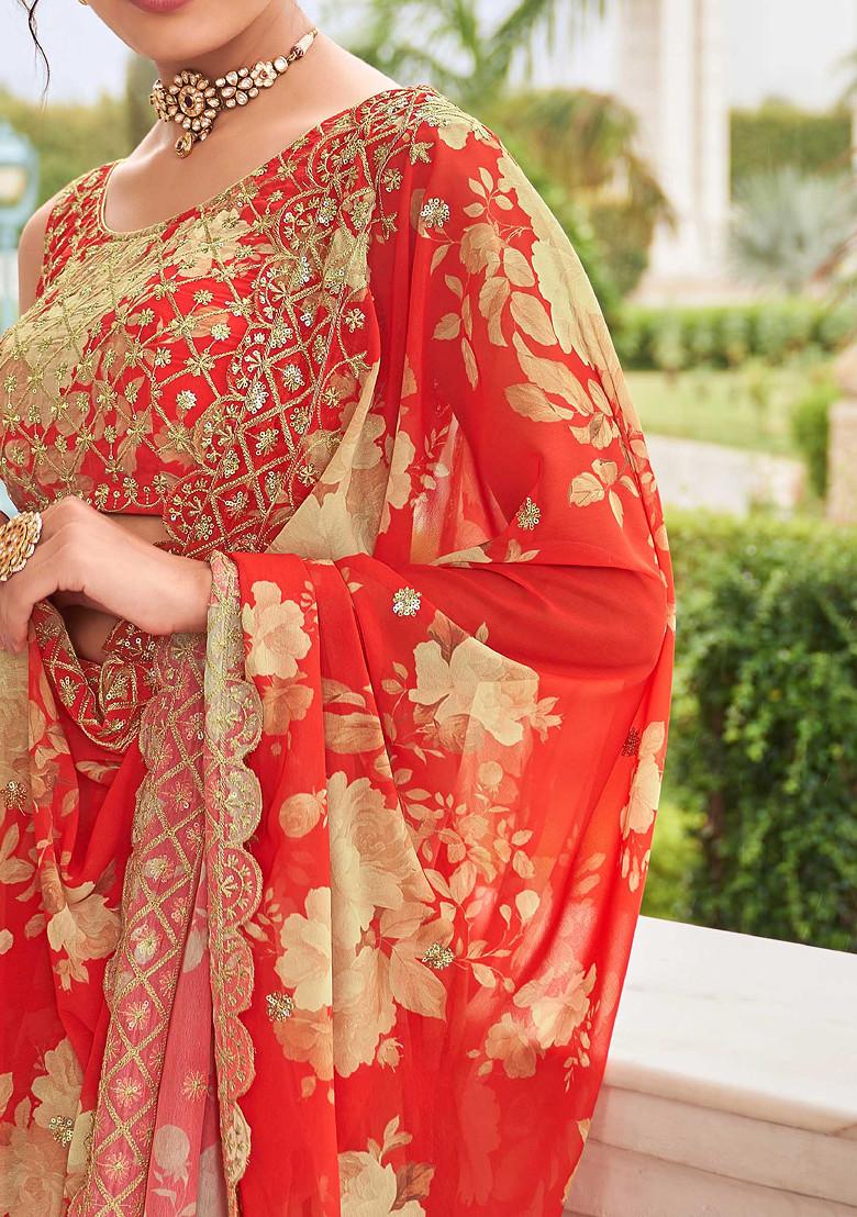 Red Zari Embroidered Georgette Lehenga Set