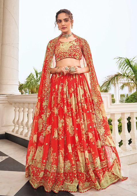 Red Zari Embroidered Georgette Lehenga Set