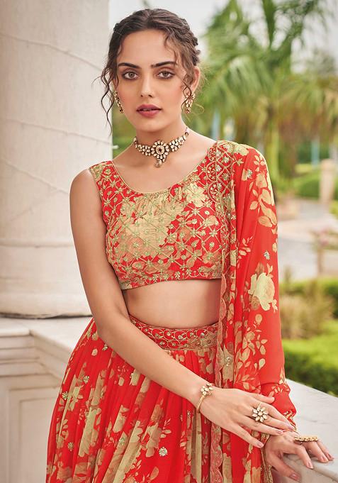 Red Zari Embroidered Georgette Lehenga Set