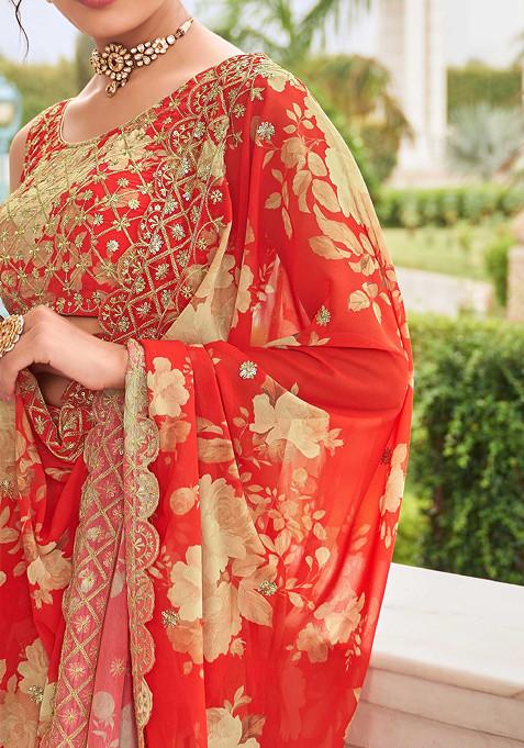 Red Zari Embroidered Georgette Lehenga Set