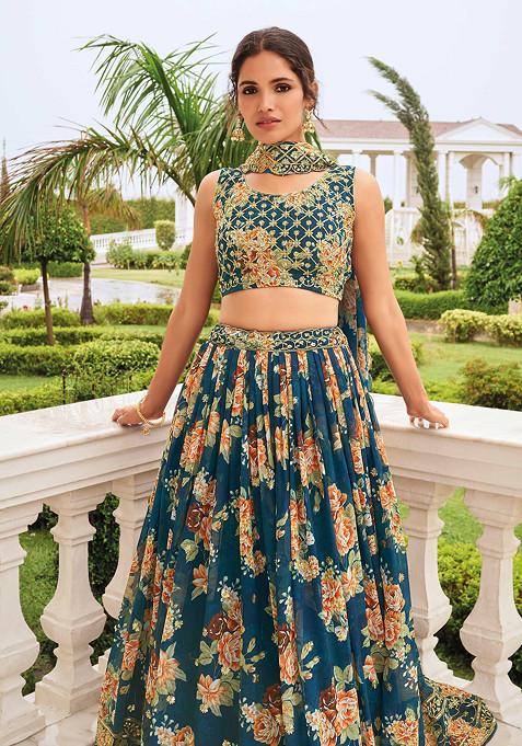 Rama Blue Zari Embroidered Georgette Lehenga Set