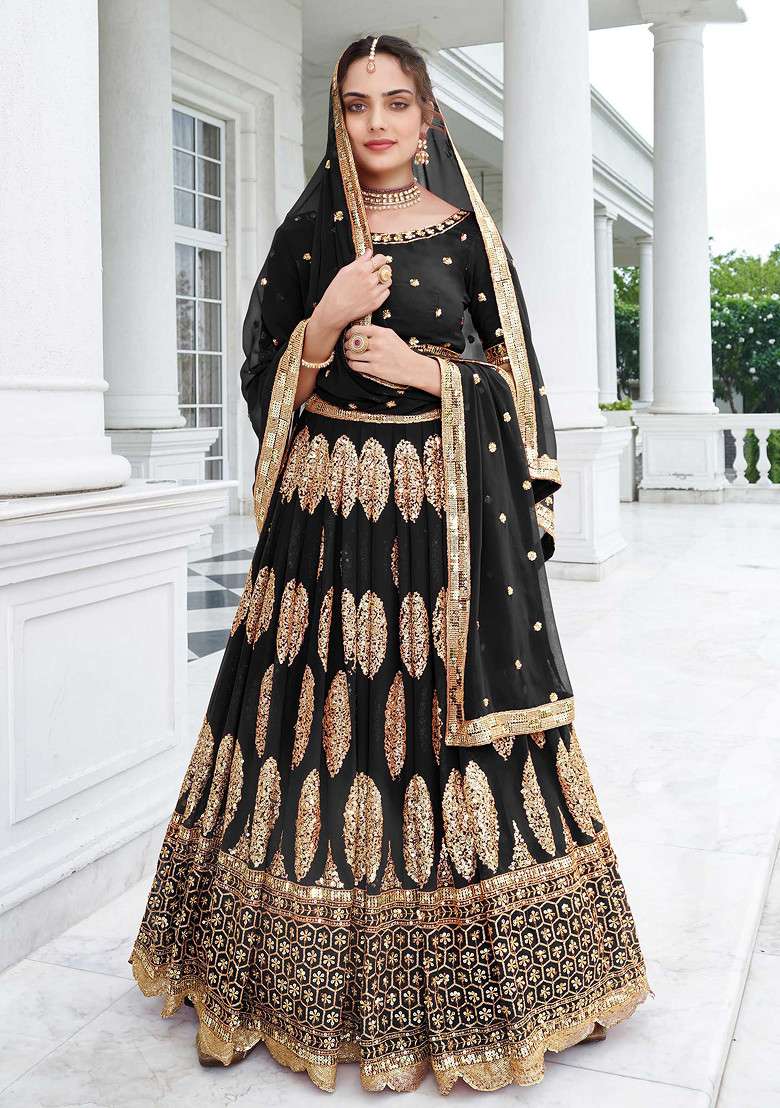 Black Zari Georgette Lehenga Set with Embroidered for Diwali | Wedding & Festive Wear - Indya