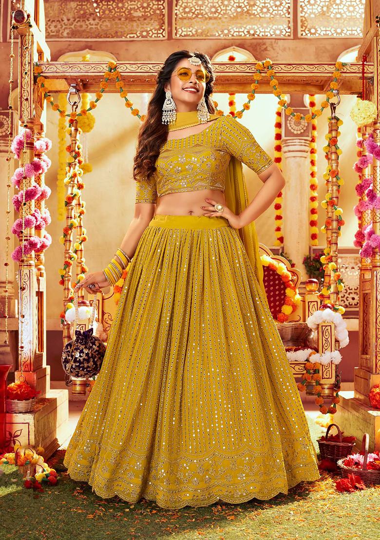 Yellow Thread Embroidered Georgette Lehenga Set
