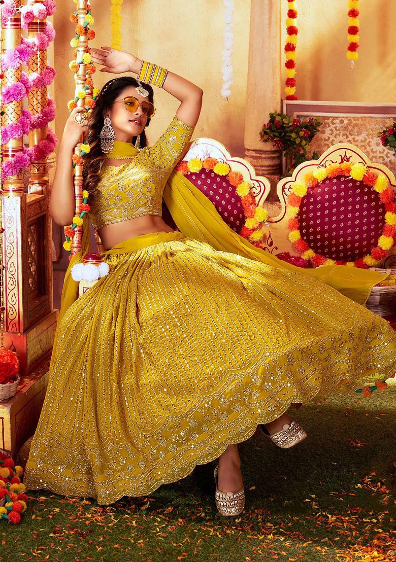 Yellow Thread Embroidered Georgette Lehenga Set