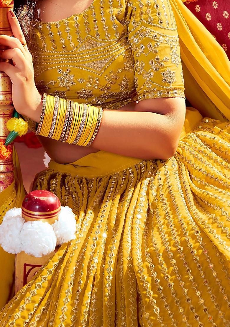 Yellow Thread Embroidered Georgette Lehenga Set