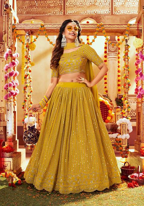 Yellow Thread Embroidered Georgette Lehenga Set