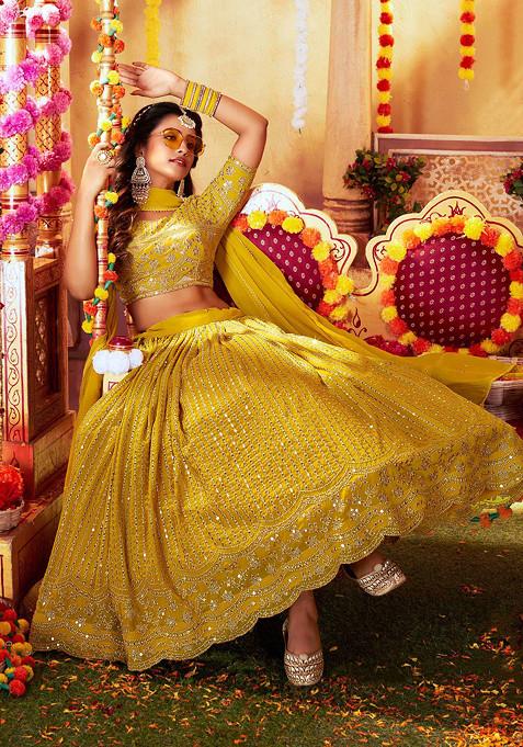 Yellow Thread Embroidered Georgette Lehenga Set