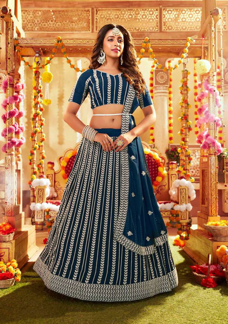 Rama Blue Thread Embroidered Georgette Lehenga Set for Diwali and Festive Wear - Indya
