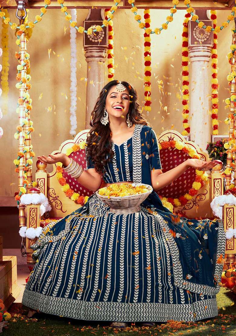 Rama Blue Thread Embroidered Georgette Lehenga Set for Diwali and Festive Wear - Indya