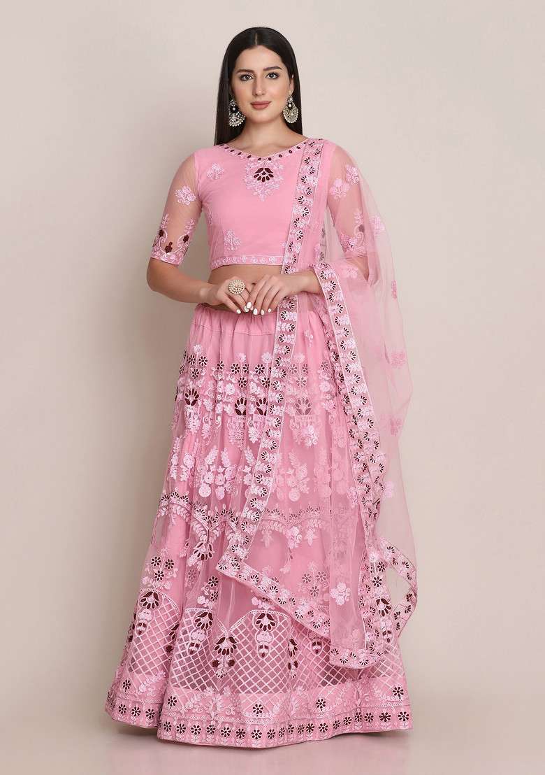 Light Pink Embroidered Net Lehenga Set for Diwali and Festive Wear - Indya