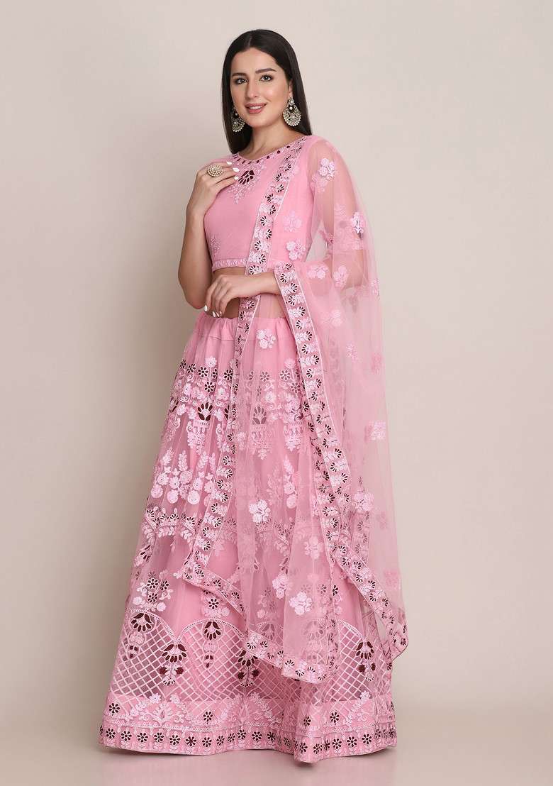 Light Pink Embroidered Net Lehenga Set for Diwali and Festive Wear - Indya