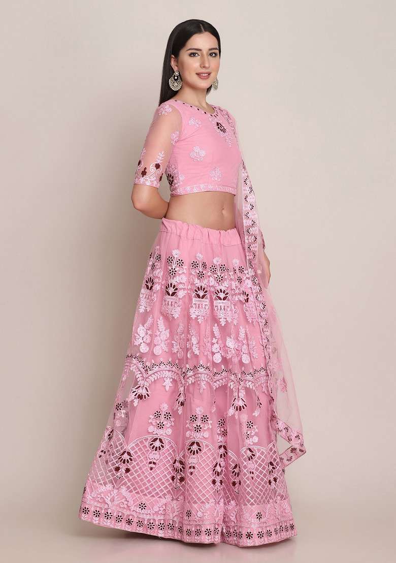 Light Pink Embroidered Net Lehenga Set for Diwali and Festive Wear - Indya
