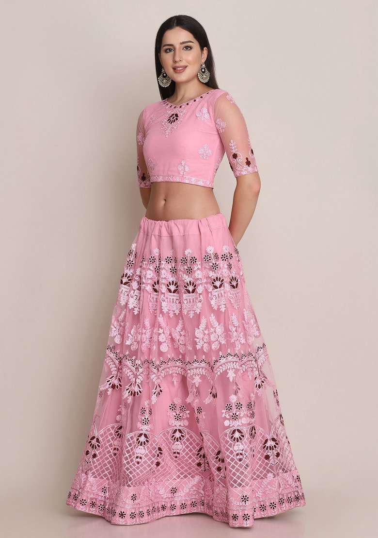 Light Pink Embroidered Net Lehenga Set for Diwali and Festive Wear - Indya