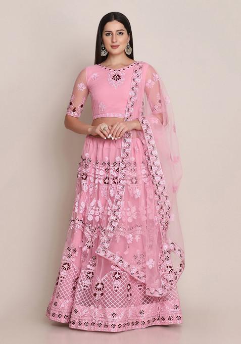 Light Pink Embroidered Net Lehenga Set