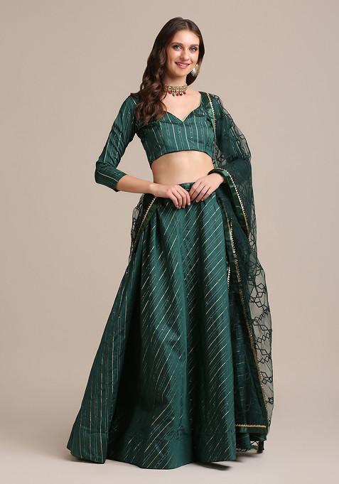 Green Sequin Embroidered Jacquard Silk Lehenga Set