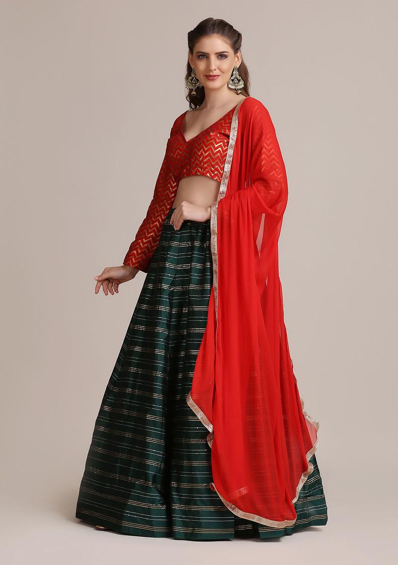 Red And Green Golden Woven Sequin Embroidered Jacquard Silk Lehenga Set