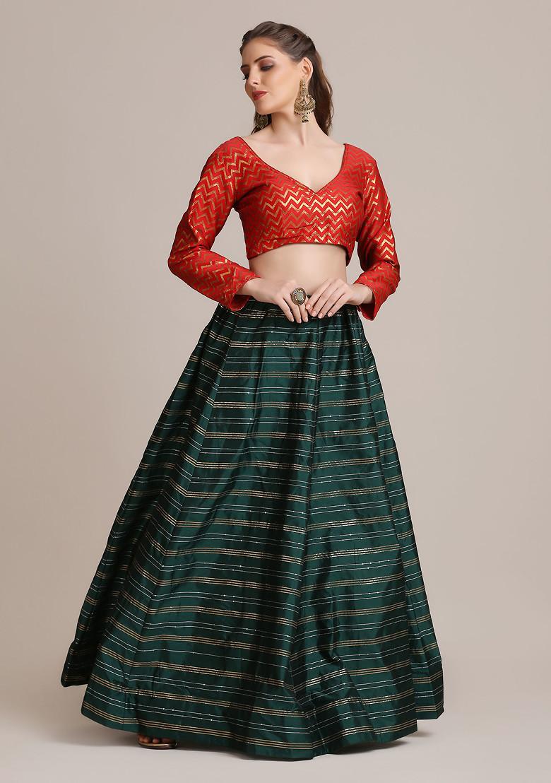 Red And Green Golden Woven Sequin Embroidered Jacquard Silk Lehenga Set