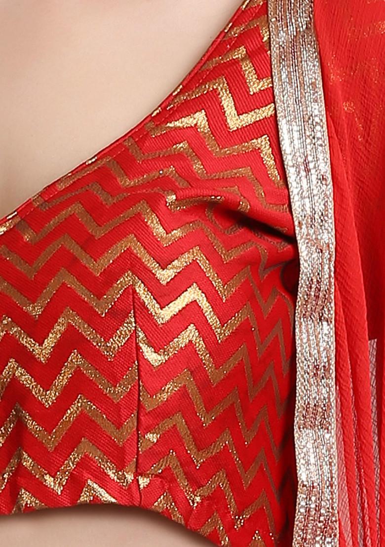 Red And Green Golden Woven Sequin Embroidered Jacquard Silk Lehenga Set