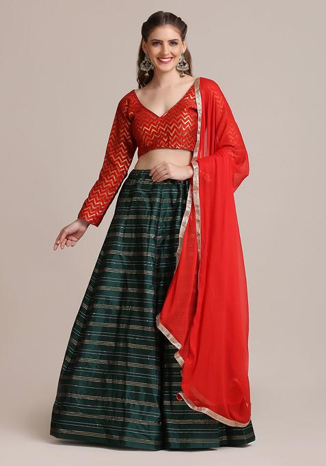 Red And Green Golden Woven Sequin Embroidered Jacquard Silk Lehenga Set