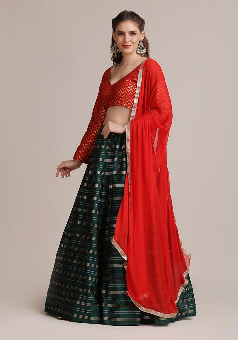 Red And Green Golden Woven Sequin Embroidered Jacquard Silk Lehenga Set