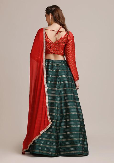 Red And Green Golden Woven Sequin Embroidered Jacquard Silk Lehenga Set
