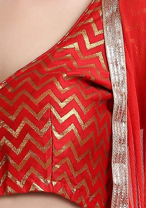 Red And Green Golden Woven Sequin Embroidered Jacquard Silk Lehenga Set