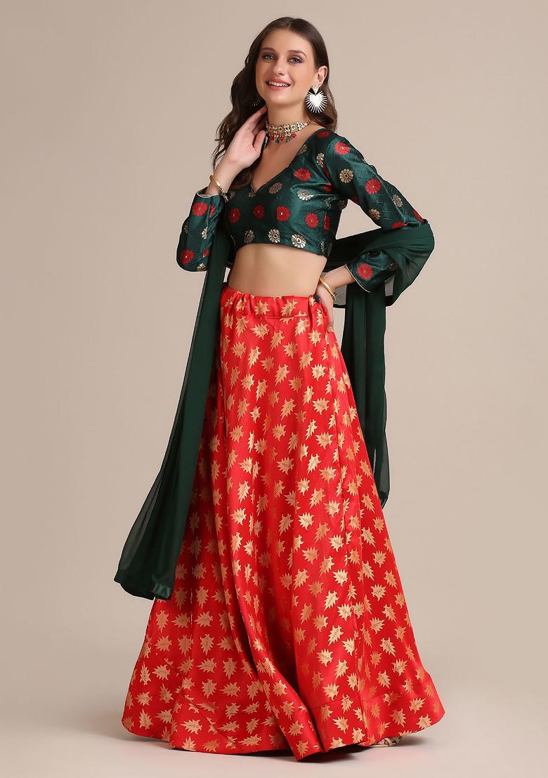 Green And Red Golden Woven Jacquard Silk Lehenga Set