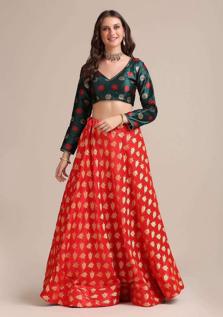 Green And Red Golden Woven Jacquard Silk Lehenga Set
