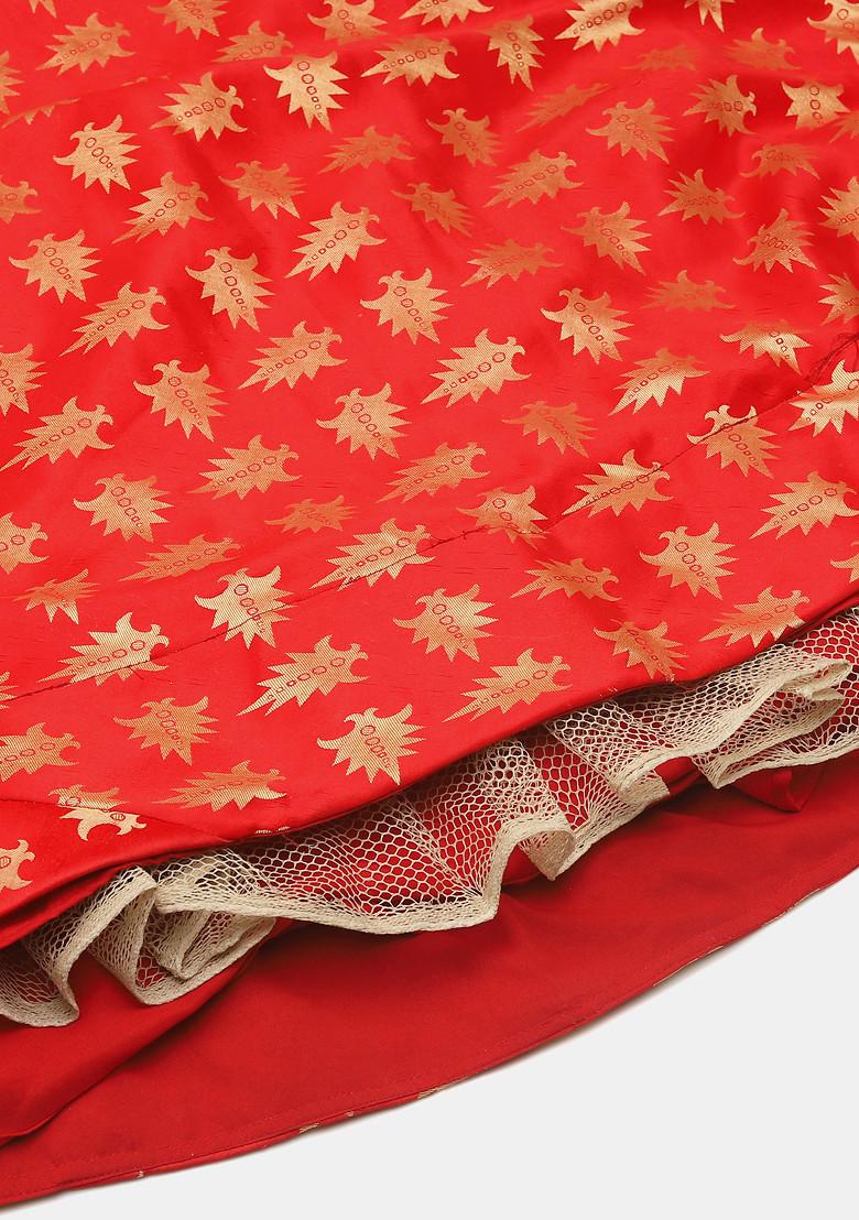 Green And Red Golden Woven Jacquard Silk Lehenga Set