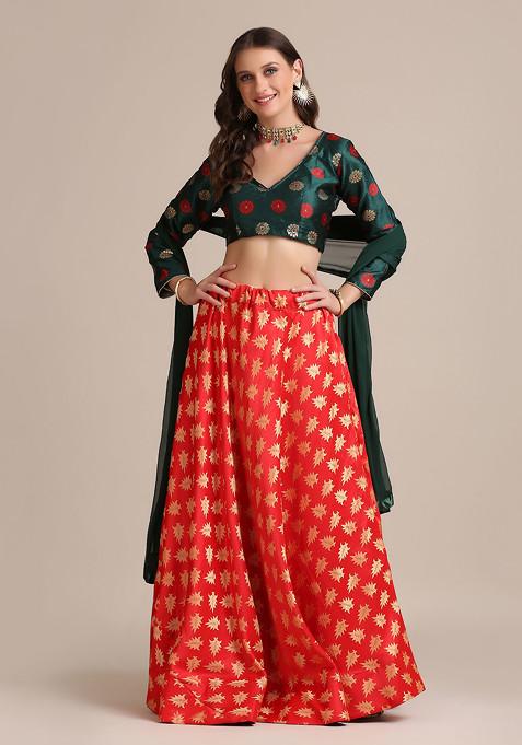 Green And Red Golden Woven Jacquard Silk Lehenga Set