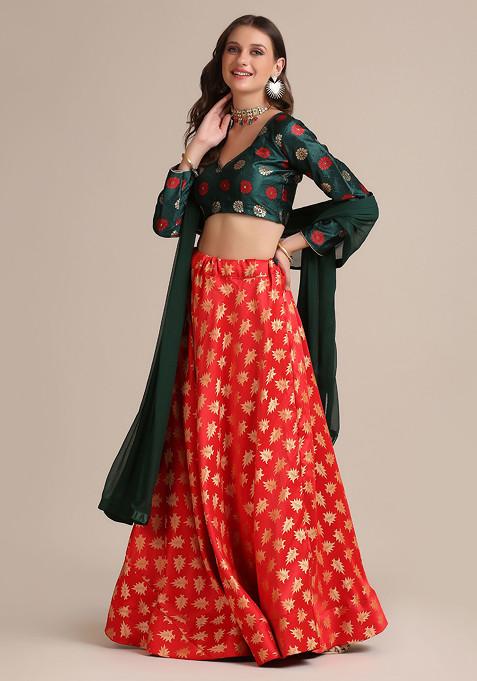 Green And Red Golden Woven Jacquard Silk Lehenga Set