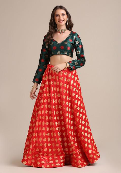 Green And Red Golden Woven Jacquard Silk Lehenga Set