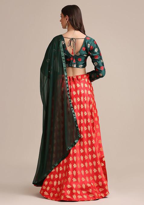 Green And Red Golden Woven Jacquard Silk Lehenga Set