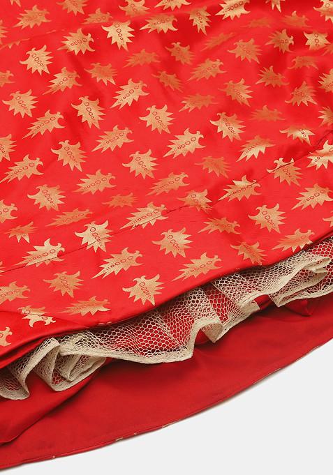 Green And Red Golden Woven Jacquard Silk Lehenga Set