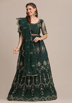 Dark Green Embroidered Heavy Net Lehenga Set