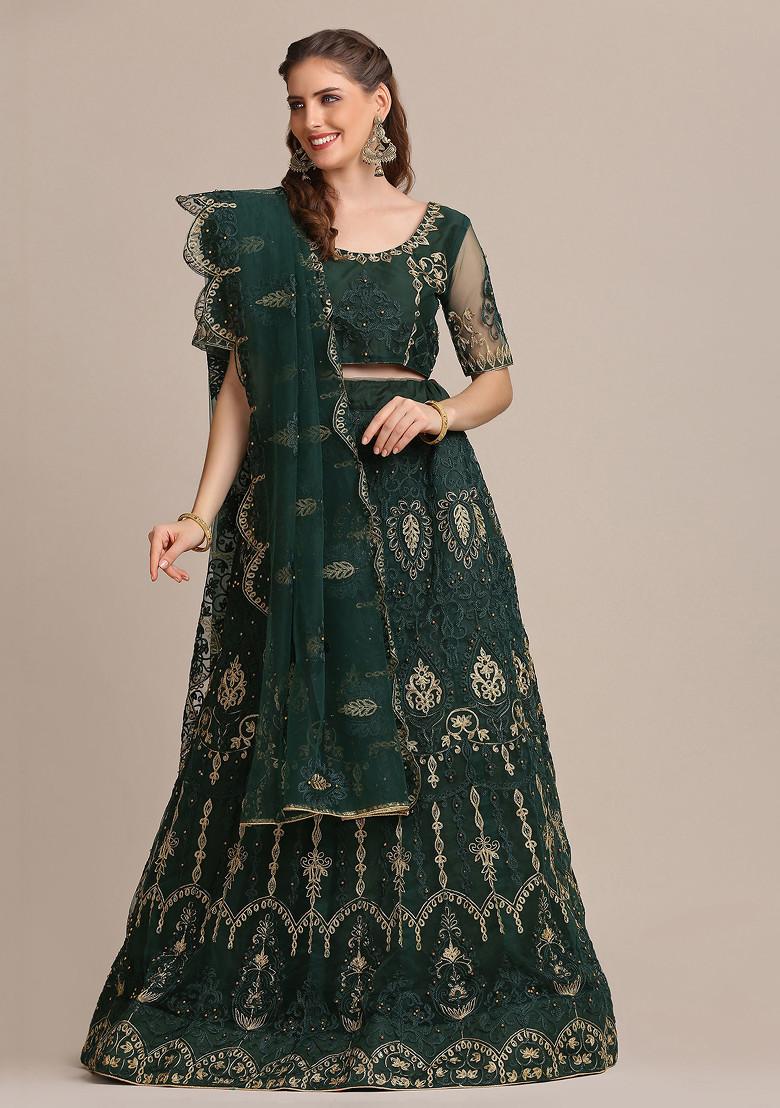 Dark Green Embroidered Heavy Net Lehenga Set