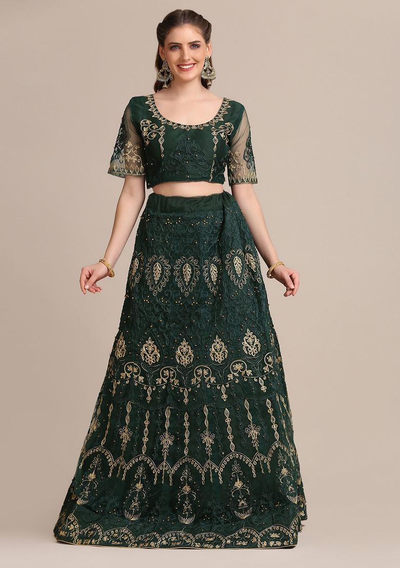 Dark Green Embroidered Heavy Net Lehenga Set